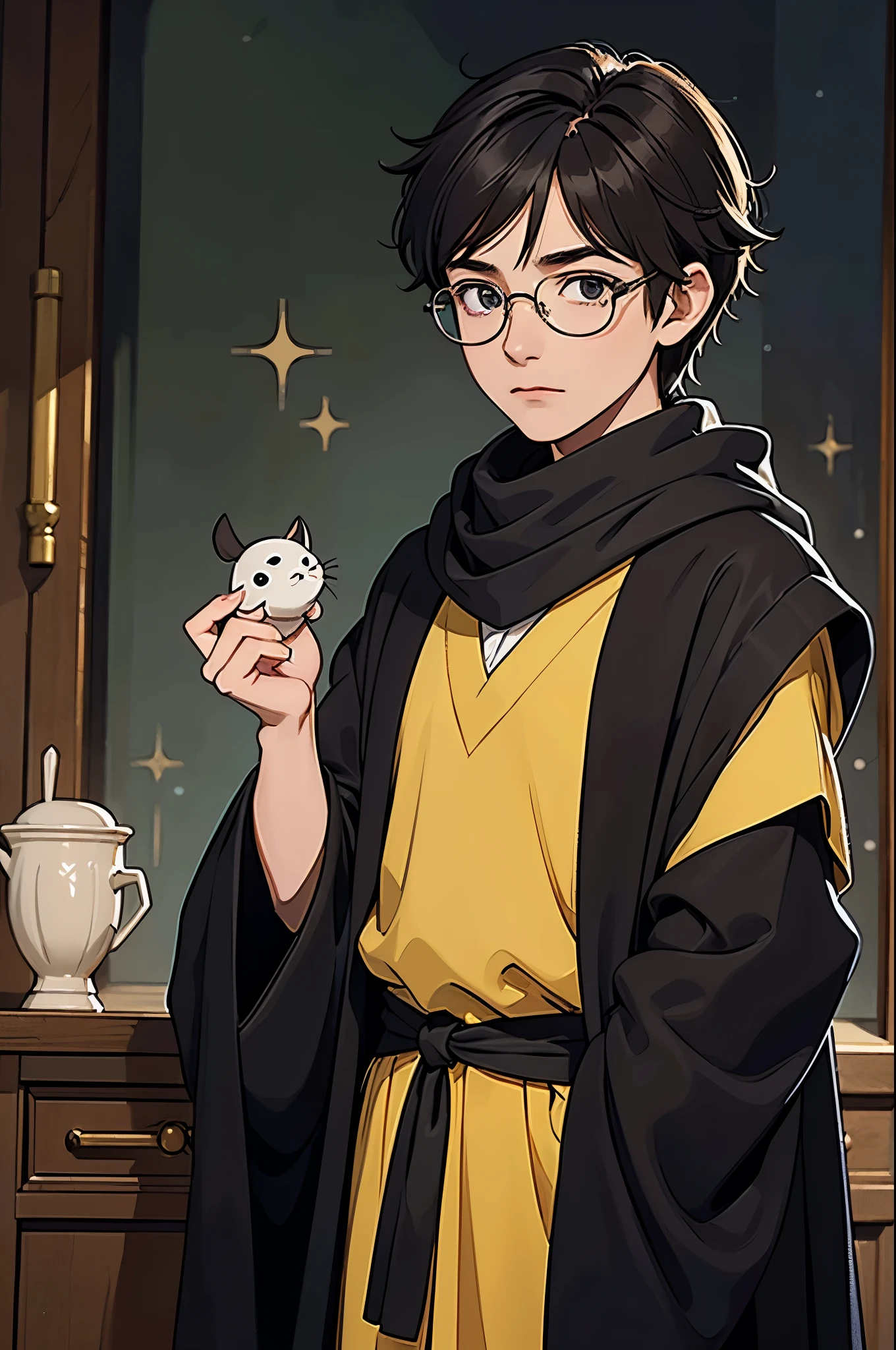 A young male wizard student from Hufflepuff at Hogwarts, in anime/manga style. He has pale skin, vibrant green eyes, dark brown messy hair, and wears round glasses. He is dressed in a classic Hufflepuff school uniform with a slightly crooked yellow-and-black scarf. He holds a wooden wand in one hand and a small yellow notebook in the other. A tiny magical silver rat with black eyes peeks out of his robe pocket. The background shows the warm, enchanted halls of Hogwarts. The character has a curious and kind expression, with a touch of mischief, as if he's about to test a new spell.
