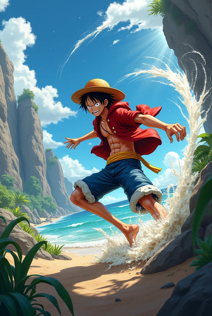 One piece's luffy in his gear five mode and smile like a joy boy and fly in sky and around mountain in sea