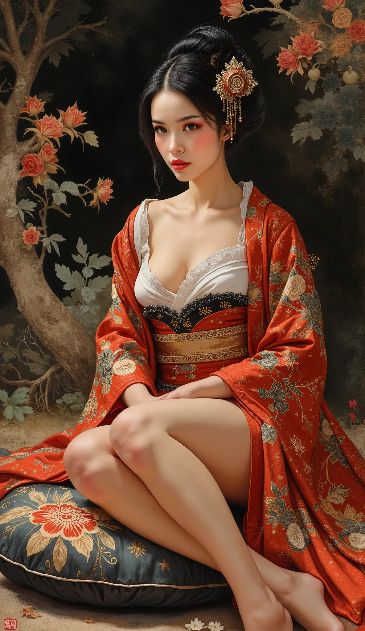 Umalinda warrior sexy, pretty face, Delicious Company, Alluring figure, Wearing a sexy open kimono. The artwork is created in a medium reminiscent of Japanese ink paintings....., 具有大胆的笔触和Monochromatic color palette. artist'Masterful technique reveals the intensity and power of the image'sense of presence,with the highest quality, Perfectly capture every detail with ultra-high resolution. Textures and intricate patterns on kimonos are rendered with extreme precision. Lighting is carefully designed,Enhance drama, Features deep shadows and subtle highlights. General, The artwork exudes elegance and power, Combining traditional Japanese aesthetics with a modern feel. Monochromatic color palette, Combine details, Create captivating and immersive experiences for your audience.