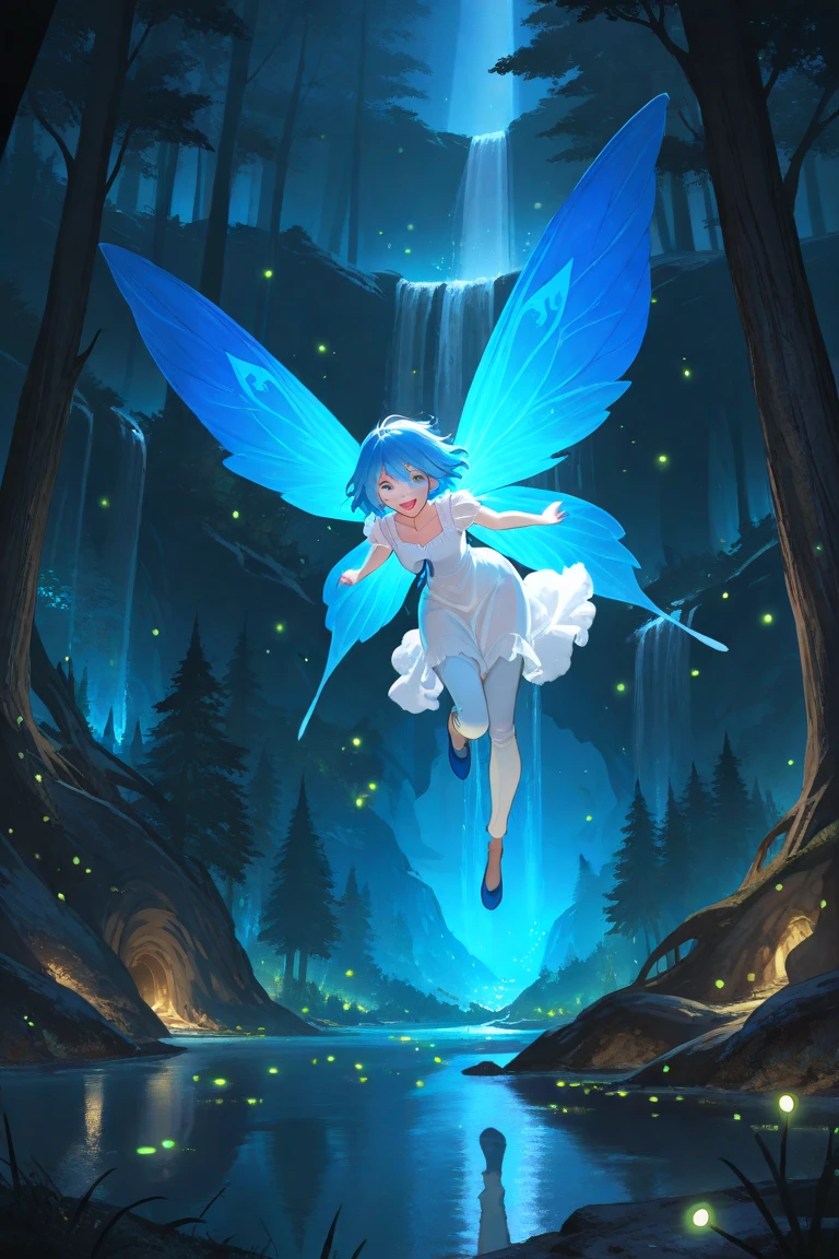 A fairy, girl, wings, sharp ears, flying, flying above the city, city light, night, bright moon
