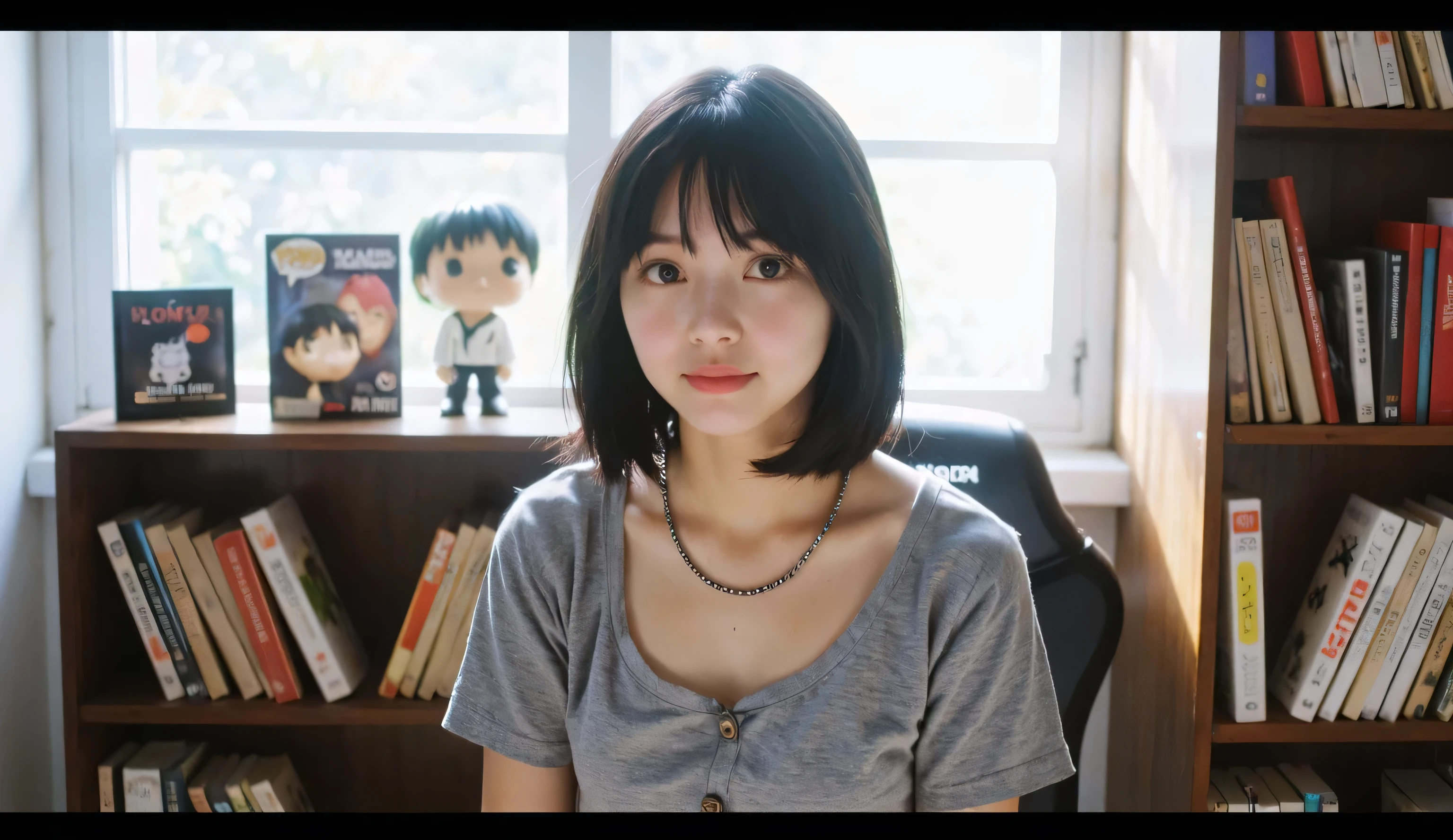A beautiful 20-year-old Japanese girl with short straight and silky black hair and amber eyes, wearing a gray wide-neck t-shirt and a chain adornment around the neck, with giant saggy breasts. Your skin is delicate and oily, Sitting on a gamer chair in her bright room, with a bookcase with some horror books and funko pops, She is staring intently at the spectator smiling. front profile.