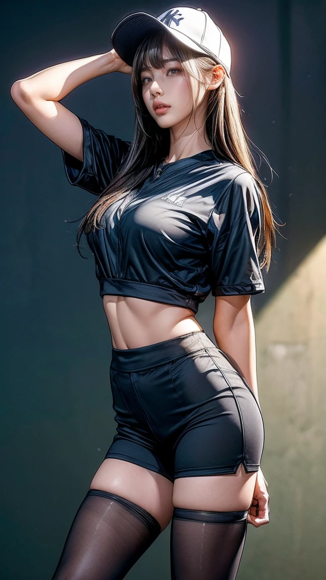 best quality, masterpiece, high resolution, 8k, (reality적인: 1.4), Ultra high resolution, 1 girl, very detailed, 초reality적인, very detailed CG 일러스트레이션, official art, Cinematic Light, reality, Young and beautiful girl, perfect look, perfect look, View all, perfect body, (Start below: 1.3), mask, pose, sexy long legs, confidence, Beautiful sexy, gray short sleeve, abdominal opening, Black super shorts, S-shaped body, Buttocks facing up, assumption, pose를 취하는 것, Diverse perspectives