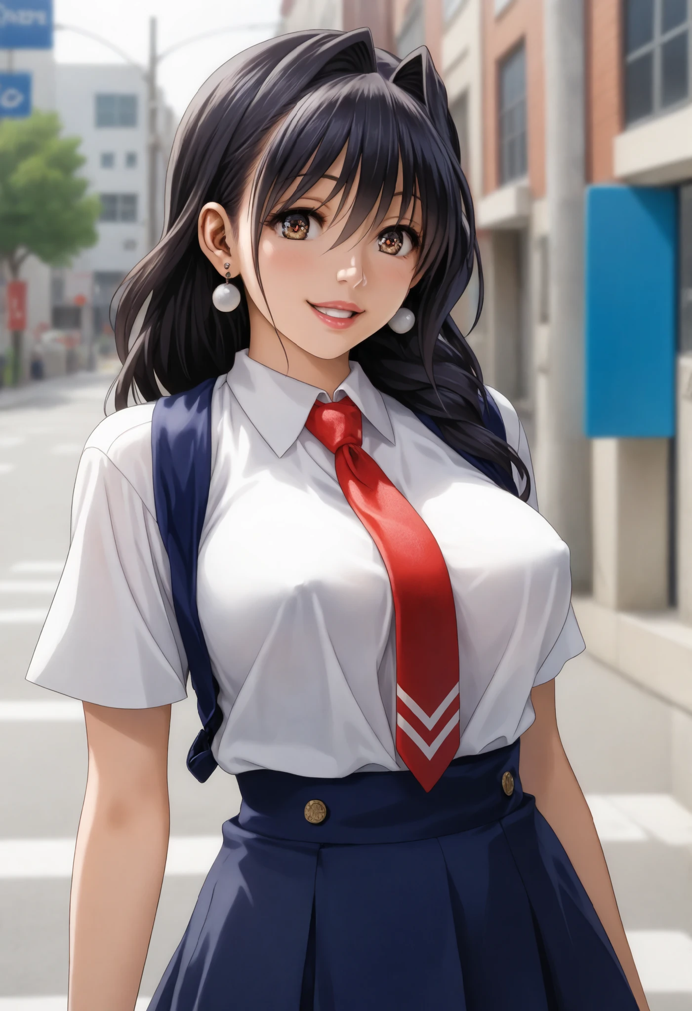 #Basics a girl is posing for a photo, animeのかわいい女の子, (((one girl)), ((baby face)), ((young girl)), (())), break #garment accessories ((student uniform : white blouse shirt + red tie ), black pumps), earrings, necklace, break #Features ((black hair)), (セミlong hair), (long hair : long hair + Hair swaying in the wind), ( well-groomed eyebrows :0.5 (cute detailed eyes, brown eyes), (medium ,beautiful breasts,erect nipples), break #background environment (noon、( sunny office district , Sidewalk, congestion, construction area)), #Facial expression pose ((smile + teeth inside + opens its mouth and laughs), (strong and confident walking pose)), #composition ((Face to camera, Diagonally forward, face:1.4)), break #Body parts elements ( detail hair , beautiful hair, shiny hair from the side), (double eyelids, long eyelashes), (Pretty eyed expression , Beautiful Delicate Eyes, Sparkling Eyes, Eye Reflexes, glitter eyeliner ), (Human Ear), (Beautiful Nose, Thin Nose), (glossy lips, beautiful lips, glossy lips, natural cheek), (Detailed Faces, 対称的な顔のFeatures), (detailed skin, textured skin, Beautiful Skin, Shiny Skin), break #quality (((最高quality)), ((masterpiece)), ((very well detailed))), ((high resolution), (16k,1080P)), (realistic), (anatomically correct), ((comics, anime)), (3DCG), CG illustration,