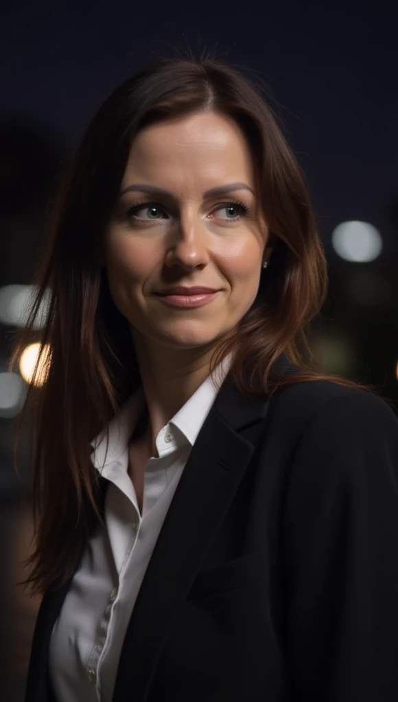 closeup of a woman, indoor street, night, lamp post, asphalt