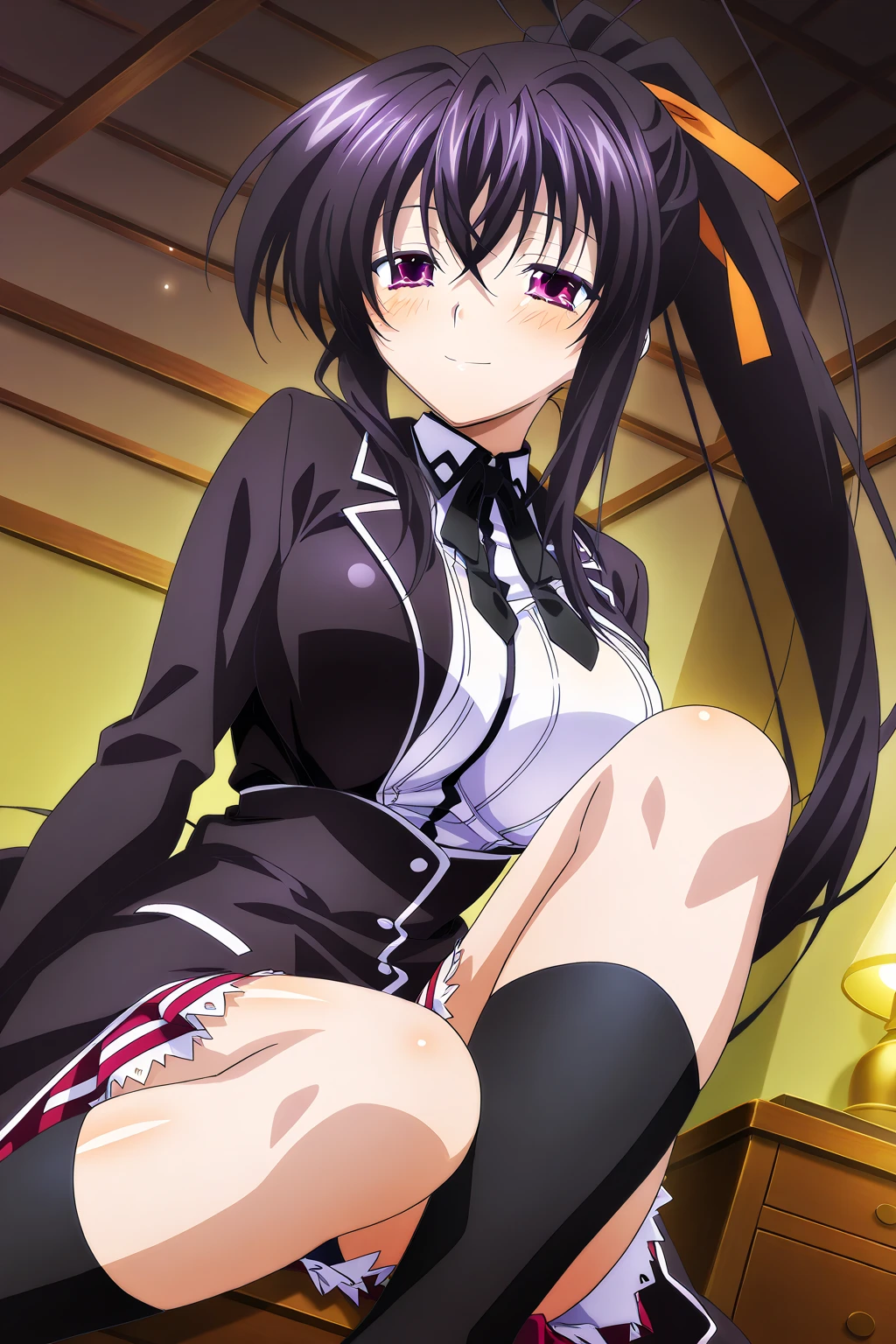 masterpiece, high quality, beautiful detailed, ultra_detailed, 8k, (nsfw),(1girl:1.2),best quality,perfect legs,(perfect anatomy:1.2),kawaii,beautiful breasts, kokona,dress,(medium breasts:1.2), yukino yukinoshita, long hair, ahoge, hair ribbon , neck ribbon, collared shirt, blazer, black jacket, long sleeves, plaid skirt, black thighhighs, smile, 1boy, (man:1.2), Man bends knee, girl grab man's legs, penis, vaginal sex, cum in pussy, pussy cum, excessive cum
