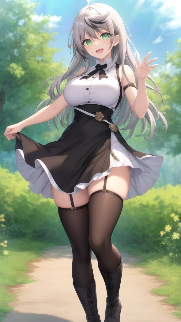 (high quality, High resolution, Very detailed, reality:1.37), Peaceful atmosphere, (Outdoor, garden), 5 year old girl standing alone, (my breasts are small.), Beautiful details, Cute Smile, (Long white hair), ((Black sheer camisole dress)), White socks, White high heels、White Hat.NSFW、((Sheer milk))、((Crotch showing through))