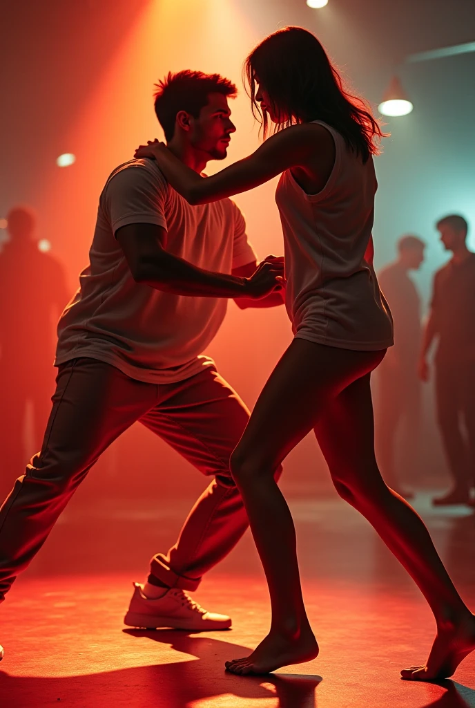 Art in reddish orange tones for Instagram fitness trainer black man and white woman in gym clothes doing functional training at home.