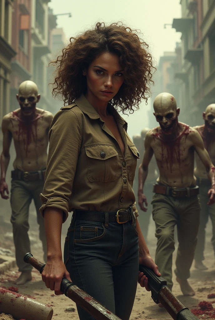 Halle Berry, a woman with very long hair stumbles half-naked, wool mud, blood, wounds, and with a torn skirt through the streets of a destroyed city. Explosions everywhere ravage the ruined city.