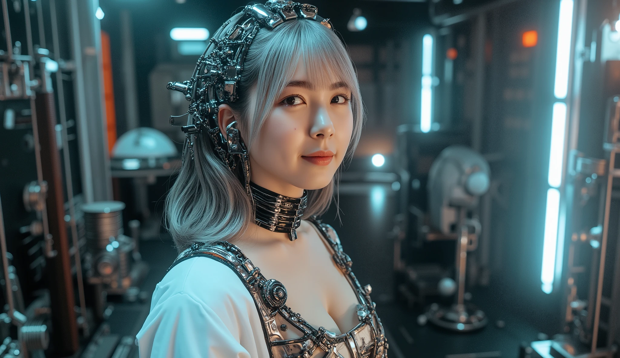 Beautiful cyborg girl, Best Quality,  4K resolution , photorealistic,  Beautiful Woman with Perfect Skin, beautiful japanese woman, charming smile, intricate mechanical neon cyborg body, very intricate futuristic cyborg body, headgear,  Increase body exposure  , Big Breasts, emphasizes breasts,  show me my stomach  ,  abs, naked ass, silver hair, short hair, confident expression,  robot cockpit, mechanical, cyborg, cyberspace, spaceship, Limited space, cowboy shot,