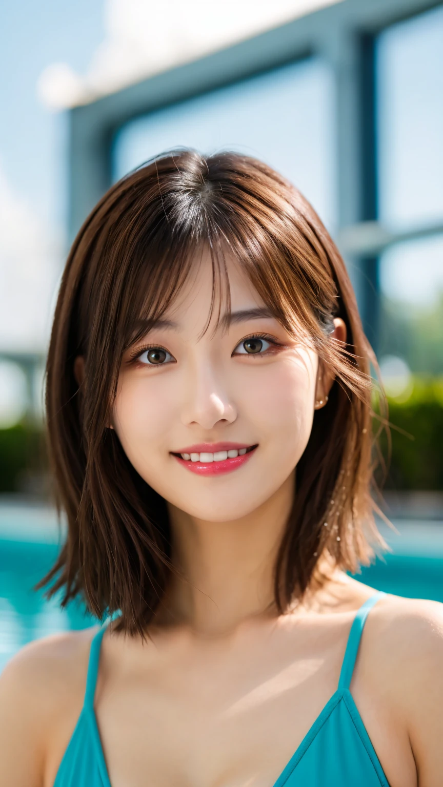 (masterpiece:1.3), high resolution, ultra detailed, extremely detailed CG unity 16k wallpaper, realistic, photo-realistic, RAW photo, super fucking beautiful detailed face, natural makeup, pale skin, realistic glistening skin, detailed cloth texture, detailed hair texture, beautiful detailed fullbody, Perfect female body, accurate, Anatomically correct, Highly detailed face and skin texture, natural neck length, (beautiful hands), (fair skin:1.1), (well-aligned teeth:1.1), (Sweaty skin:1.2),
BREAK,
Detailed eyes, symmetric eyes, Light Brown eyes, Double eyelids, Thin eyebrows, (Glossy lips:1.4), ((A face with waiting for a kiss:1.2)), (blush:1.1), (A sparkling small hair accessory:1.1), (beautiful smile:1.1)
BREAK,
((beautiful large breasts, cleavage:1.3)),
((short hair, Dark blonde hair, bangs:1.2)), (cowboy shot:1.3), (looking at viewer),
BREAK,
(standing at pool, bikini:1.3)