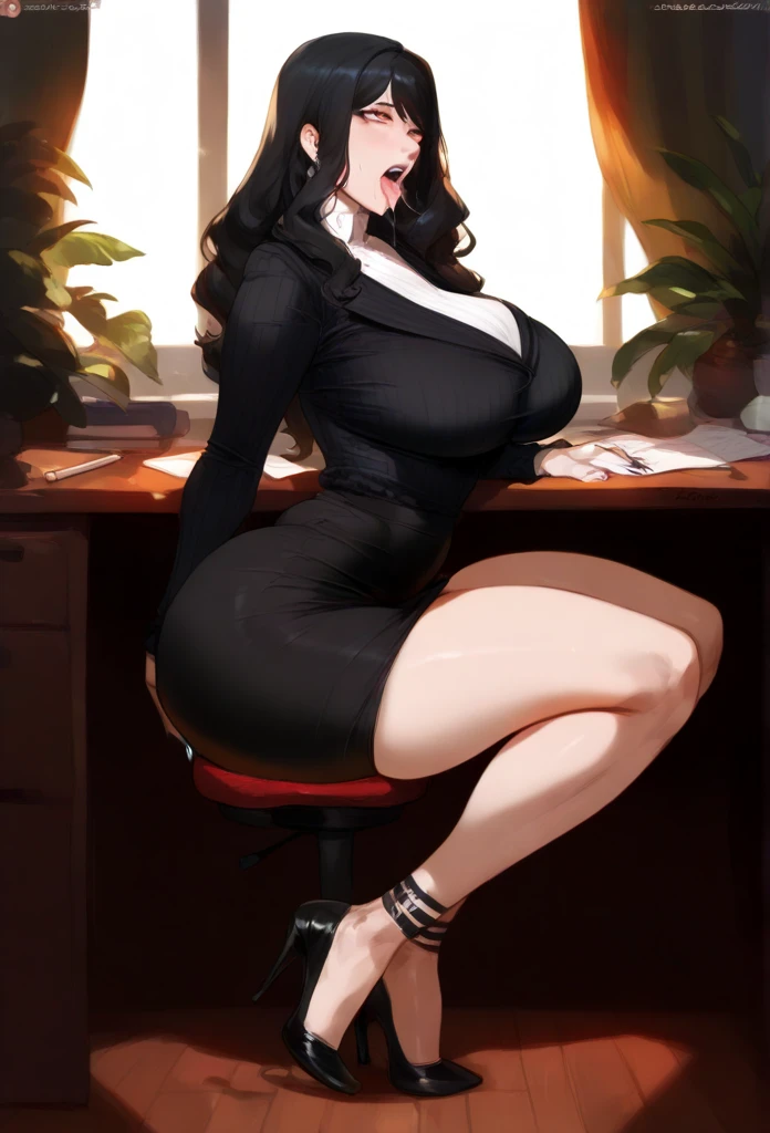 masterpiece, best quality, finely detailed, 1girl, (brown hair), (brunette), (long hair), (hair down), (pale ivory skin), cute, (red eyes), (eyelashes), (huge breasts), (cleavage), (black sheer shirt:1.2), (red highlights in hair), sitting down in chair, ((legs open)) bdsm, spike accessories, night, eerie interior design, ((large breasts:1)), vampire, gothic, fantasy, ((full body)), ((curvy)), dark, eerie, evil