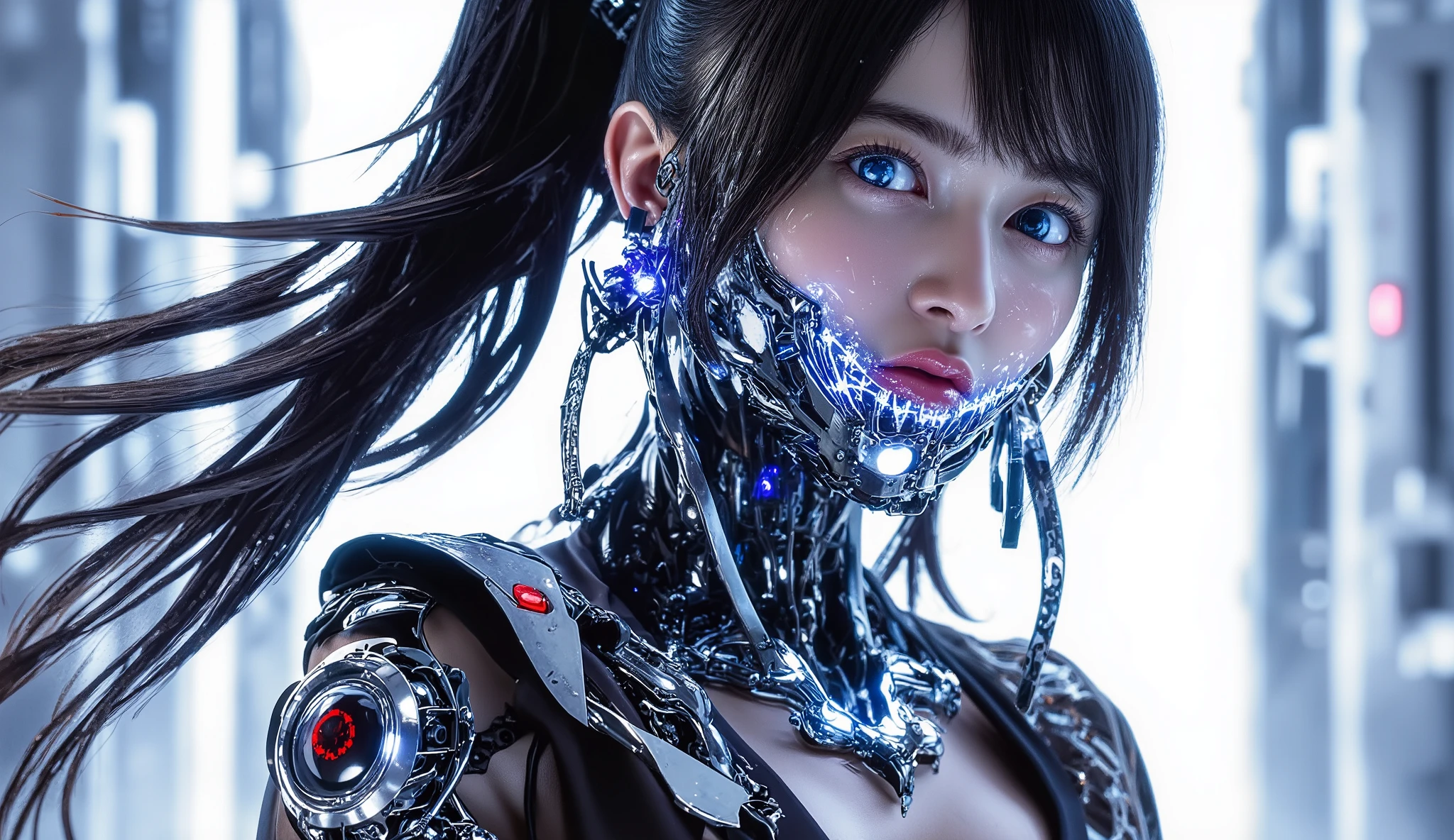 Black Haired Cyberpunk Android Girl ,穿著透明 future談話服飾, Fluffy smile :0.3, Attractive Lips , slender body , Decorated with elaborate cyberpunk PUNK DETAILS,LED Highlights ,cyberpunk style in itself, bright, Sparkling Blue Eyes , bright spider earrings ,Semi-mechanical , Light Futuristic Future City Background ,deep,dynamic angle, Stylish Atmosphere , future,details:1.15,4n1v3rs3