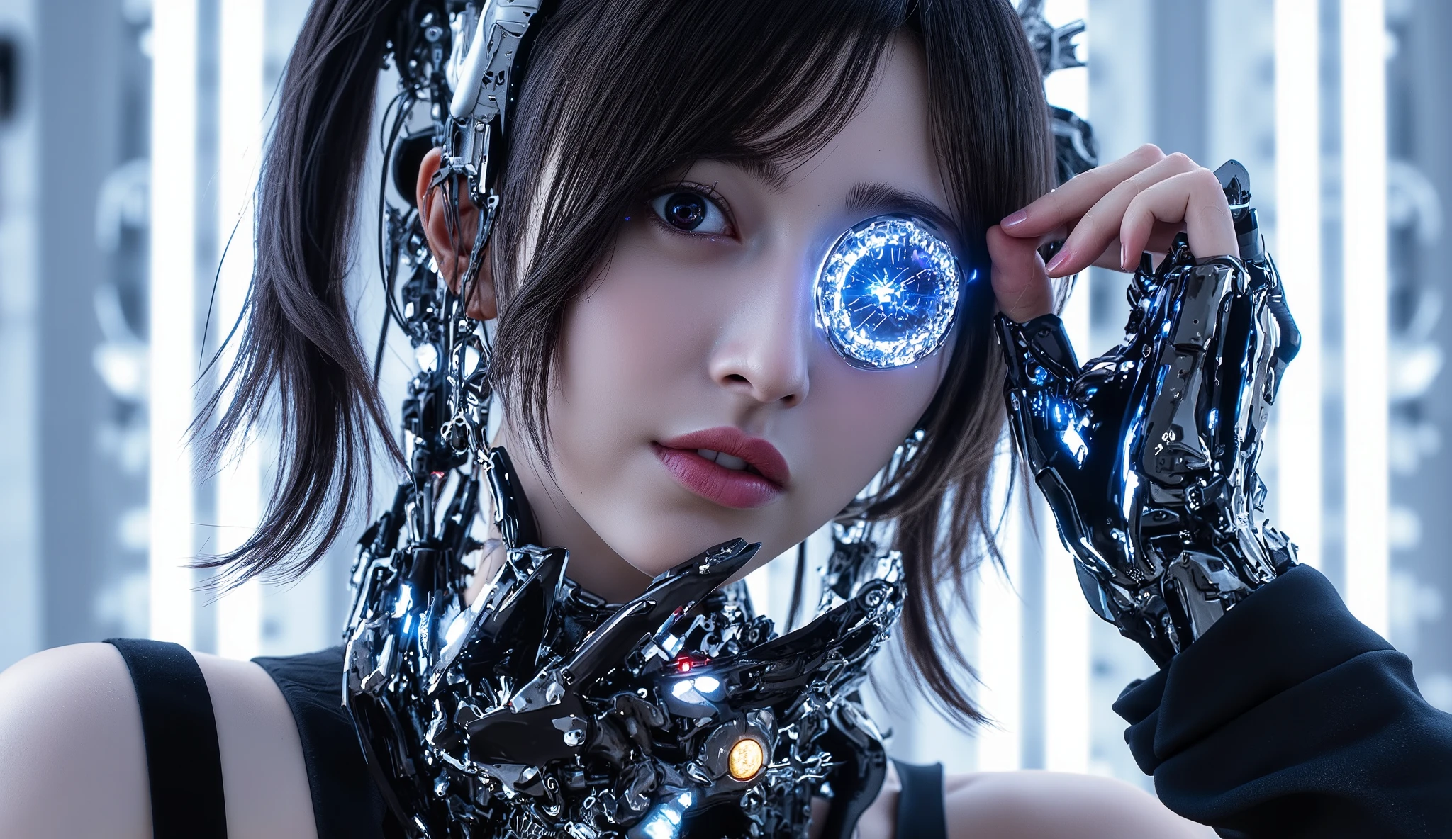 Black Haired Cyberpunk Android Girl ,穿著透明 future談話服飾, Fluffy smile :0.3, Attractive Lips , slender body , Decorated with elaborate cyberpunk PUNK DETAILS,LED Highlights ,cyberpunk style in itself, bright, Sparkling Blue Eyes , bright spider earrings ,Semi-mechanical , Light Futuristic Future City Background ,deep,dynamic angle, Stylish Atmosphere , future,details:1.15,4n1v3rs3