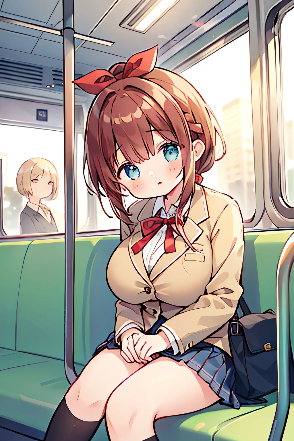 Best Quality、high resolution、(high image quality:1.3)、masterpiece、detailed background、(very detailed face:1.3)、(detailed eyes:1.3)、age beauty、huge breasts、anatomically correct、Perfect Body Line、Bright-colored hair、ponytail、braided bob cut、On the way home after school 、uniform is a winter blazer with a dark blue blazer with a red ribbon、plaid pleated skirt、Her eyes are thick、illuminated by the sunset shining through the window、Her cheeks are slightly red and her hands are lightly placed on her lap、The inside of the train is quiet and soft orange light gently envelops、(A girl sitting on a train seat and falling asleep:1.5)、cute