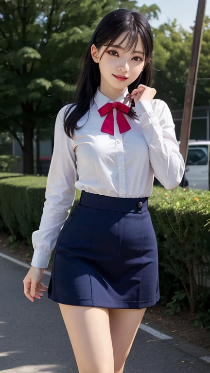 (8x_NMKD-Superscale_150000_G),(8K, Super high quality,highest quality),(masterpiece:1.5),(girls),(18 years old),(arms behind back:1.5),(checkered bow tie, white shirt, pleated miniskirt, navy blue socks),Japanese female student abducted by enemy country