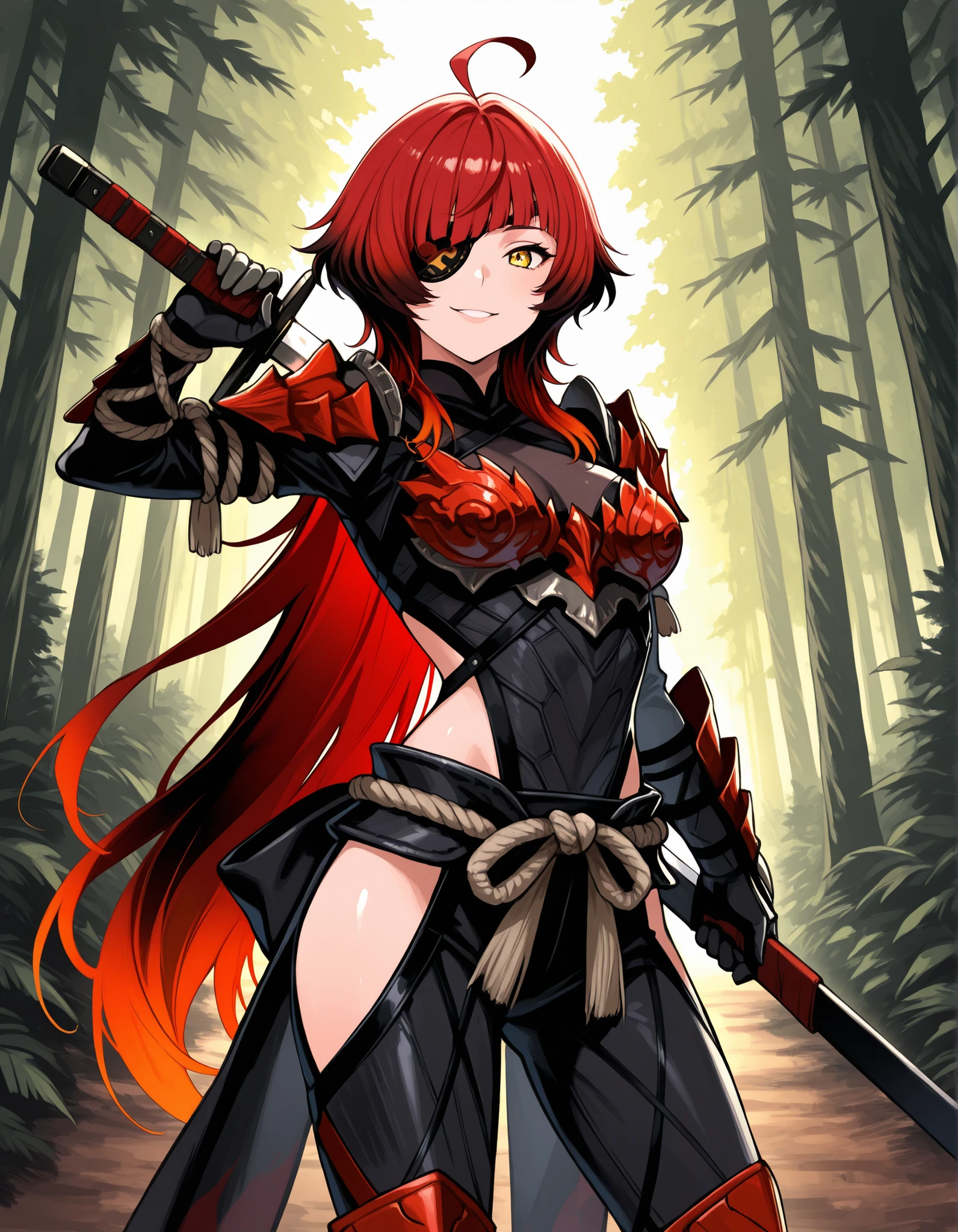 score_9, score_8_up, score_7_up, source_anime, 1girl, solo, smile, ahoge, eyepatch, holding sword unsheathing, wolf cut, very long hair, red hair, gradient hair, multicolored hair, black hair, detailed eyes, Enchanting Eyes, yellow eyes, odograon armor, red gauntlets, red thighboots, black waist bow, one eye covered, medium breasts, cowboy shot, forest, outdoors, masterpiece, best quality, very aesthetic, absurdres
