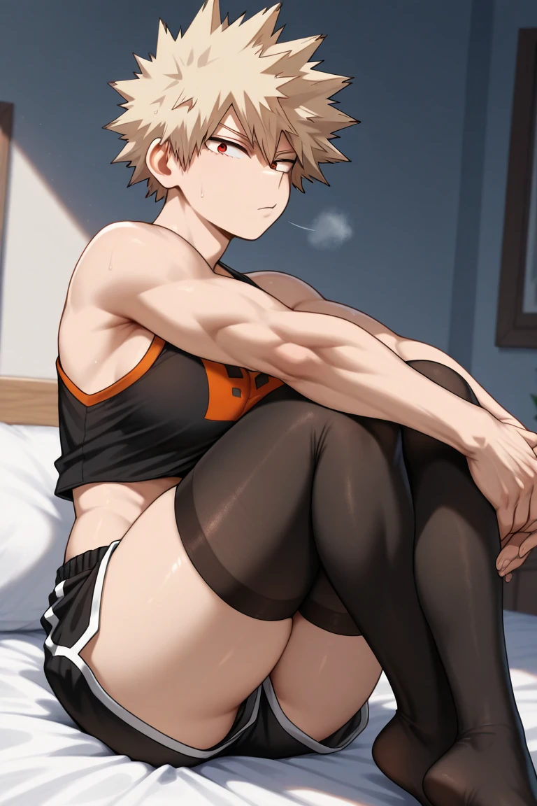 ((1boy)), big sharp wolf ears, large fluffy wolf tail, black short messy hair, black hoodie, gym booty shorts, vibrant amber eyes, black thigh highs, masterpiece, good quality, smug, slightly nsfw, has a big butt and big thighs, living room setting, teasing, seductive, toned abs, feminine boy, bent over, heart eyes, slim waist, sitting down while butt faces viewer, extremly flat chest, bulge, tongue out