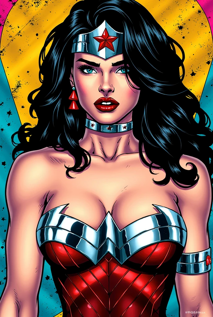 (((mulher))), (((melhor qualidade))), (((obra prima))), (((adulta))), Uma guerreira mulher de 35 anos com corpo perfeito, She-Lobo, (( under boobs )), ((( micro saia ))), ((( cinta liga ))), quase nua no estilo selvagem urbano de Simon Bisley para a capa da revista Heavy Metal, cabelo loiro, Minimum clothing, armadura (vermelho escuro com estrelas brancas), cheio de pontas e rebites manchadas de tinta, tatuagem de estrelas de 5 pontas, (((corpo inteiro))), cabelo preto curto com franja branca cobrindo a testa