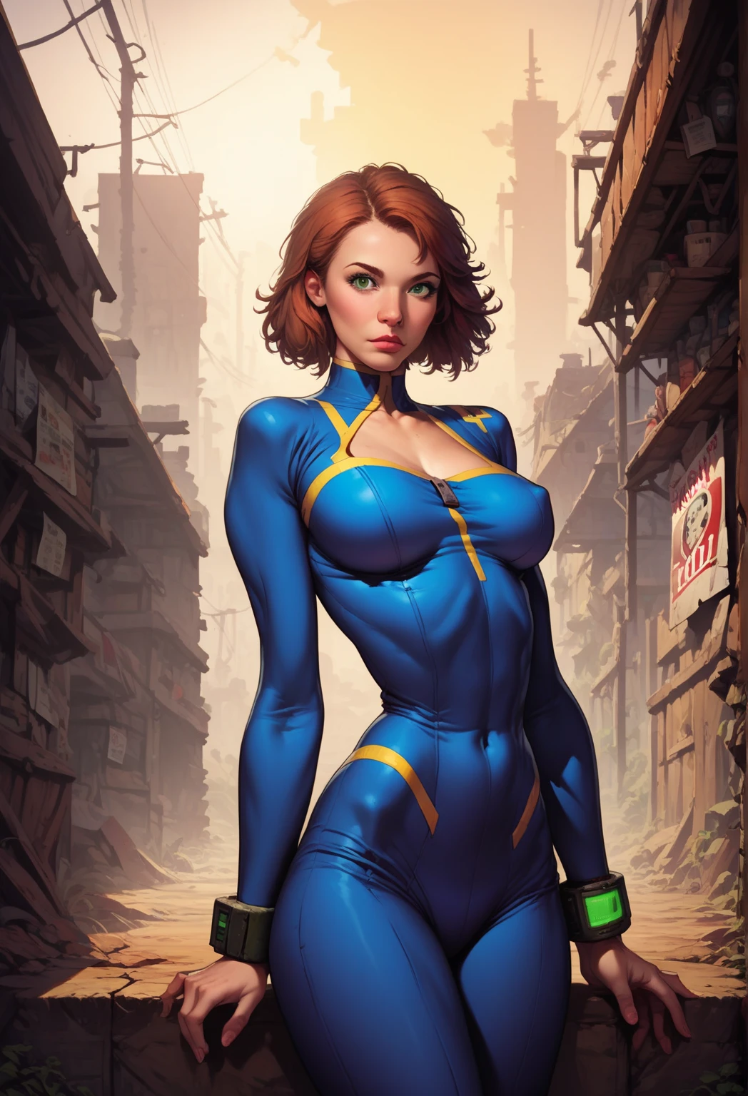 score_9, score_8_up, score_7_up, score_6_up, explore, 1girl, solo, woman, mature_female, muscular, green eyes, sam \(totally spies\), orange hair, long hair, fallout vault suit, blue and yellow, (big bracelet with square screen on 1wrist), deserted town, western, outdoors, realistic, sunlight, vibrant colors, masterpiece, action lines, hard_surface,
1960s \(style\), classic ad, fallout, detailed_background