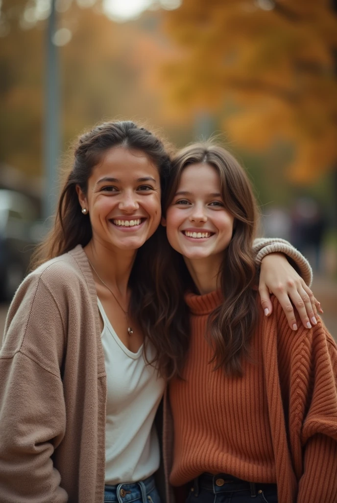 In an endearing close-up photograph, two close young european girls, with radiant smiles and sparkling eyes, sitting in a cafe and looking directly at the viewer. The genuine bond between them is evident in their warm expressions. The background, beautifully blurred through a high depth of field, accentuates the focus on their heartfelt connection. Captured in a Photographic style with a 50mm prime lens, ensuring exquisite facial details and a natural perspective that brings out the authenticity of their friendship. <lora:faces_v3:0.9>