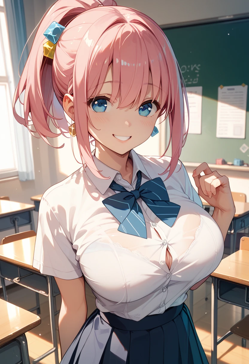 (8K、Best image quality、highest quality、masterpiece)、(Detailed face, cute eyes,Pink Hair, horn, open mouth, grin), (skinny body),(medium breasts), (school uniform), (Light blue striped pants), (cleavage), Classroom Background, (black stockings), (Thighs:1.2), (Waistline)