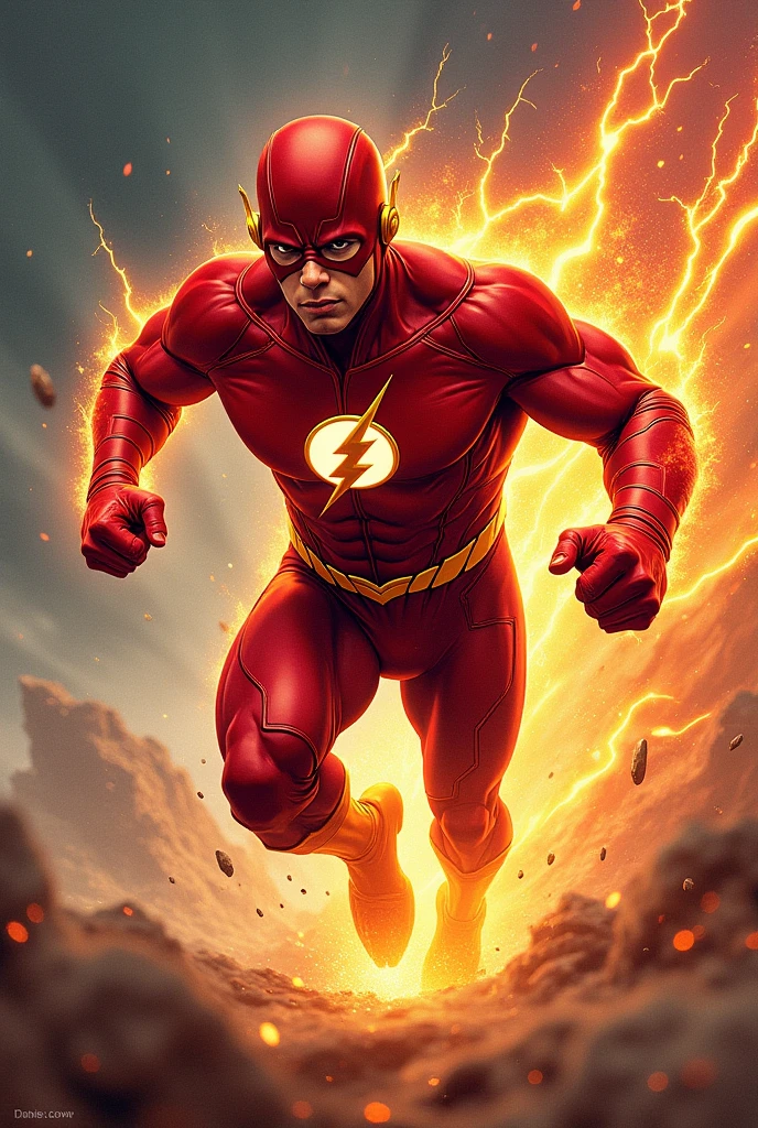 (masterpiece),(best quality, ultra-detailed CG),an epic illustration of "The Flash", the scarlet speedster, in action at lightning speed, dramatic angle, lightning bolts, intense colors, cityscape in background, dynamic pose, vibrant red and yellow superhero suit, lightning details, sparks, motion blur, with lightning surrounding the whole scene, making it come alive.