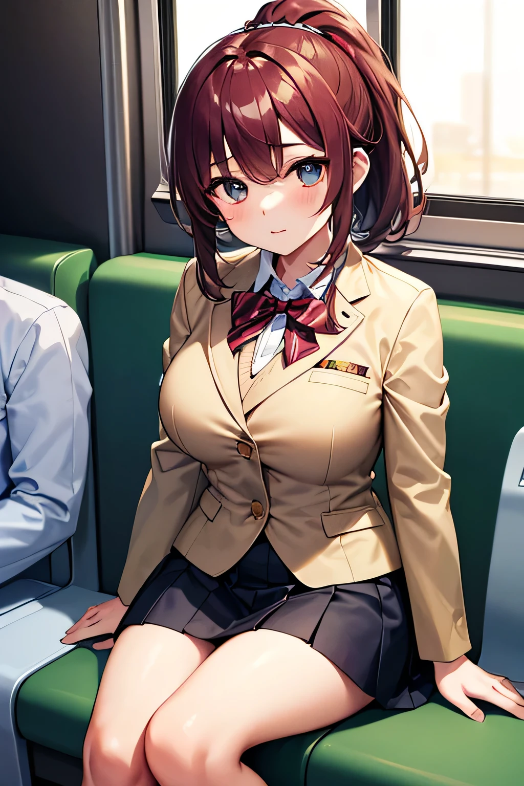 One knee up、Sitting in a red train seat, (Spread your legs)、 (White panties), Blue jacket, Blue suit , Red bow tie, (Blue pleated skirt), White shirt, (Background inside the train), sunny, Mazaki Anzu, Mature Woman, Anime cel style, highest quality, High resolution, One girl, (Large Breasts:1.2), Beautiful Face, Beautiful fingers, Beautiful long legs, Beautiful body, Beautiful Nose, Beautiful character design, Brown Hair, bangs, blue eyes, View Viewer, Cowboy Shot, blush、Embarrassed look、Nipples are visible、
