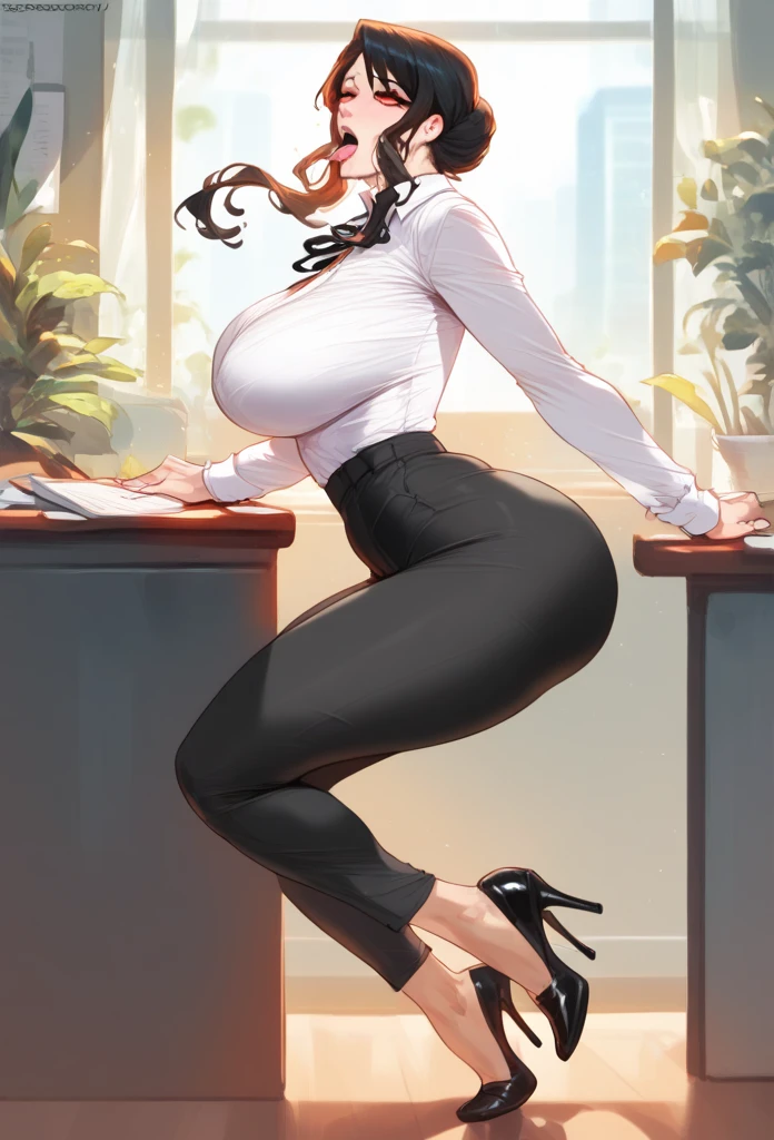 big neckline, detailed, high resolution, Sensual, pose Sensual, HEAD ON, wide hips, big ass, 1 , red eyes, Pele caucasiana, office lady outfit, to improve, to improve, lips, white nails, big ass, big breasts, full body, office , high heels , ahegao, full body, before climax, high heels, saggy deep clevage , from side or front