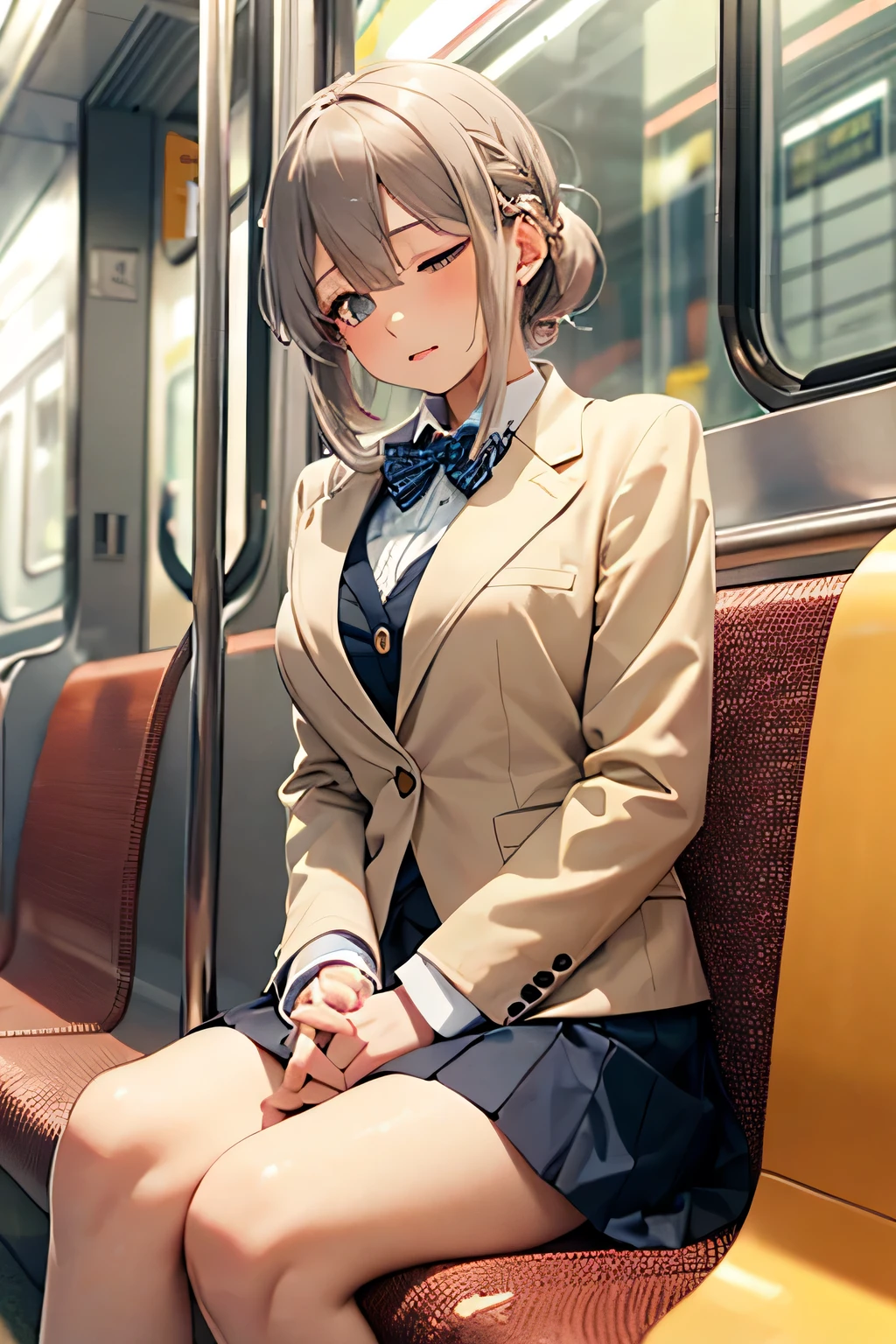 (panty seam detail:1.4), (panty seam), (panty suture), (embroidery sexy cotton White-Panty:1.35), (formal suit), The color of the recruitment suit is blue,,(Professional portrait, Professional Writing) ,masterpiece,Most high quality,Realistic,8k,Official Art, Ultra-high resolution, ,,,Medium Hair,(Blonde gradient hair:1.02), 8k,high quality, Super detailed, 最high quality, Very detailed, beautiful , (Professional portrait, Professional Writing) ,masterpiece,最high quality,Realistic,8k,Official Art, Ultra-high resolution,, , 　, , Medium Hair、Shrine maiden, , , 、(Show off your Cute-Panty from the front:1.2)、Brown Hair、、、, (The background is inside a train:1.03), ,、,　,, , (Half-close your eyes:1.23), Sit with very good posture, , (Focus between legs:1.24), , , sit politely, Align the legs, Knees together, The seat position is high, 35-year-old flight attendant,topless:1.4,NSFW