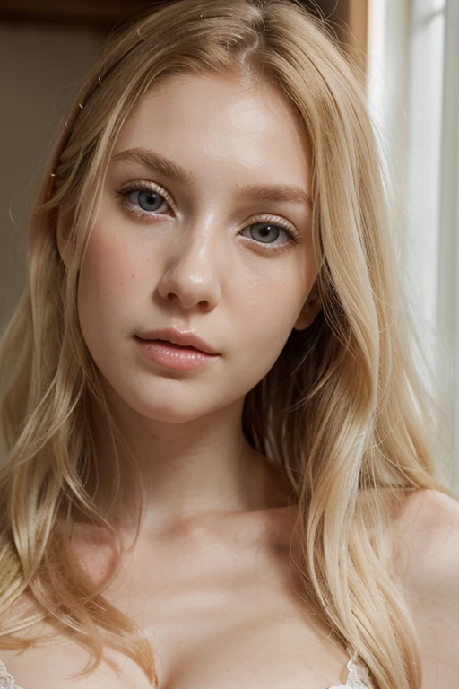 Photo portrait of a young woman, pale skin, big blue eyes, long wavy pale blonde hair, wearing a pink dress