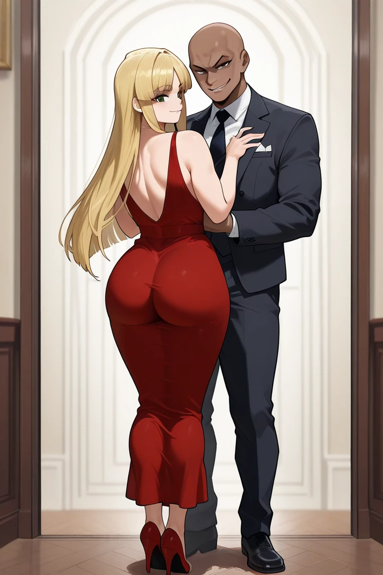 Masterpiece, digital artwork, a fully clothed man dressed in tuxedo walking with a completely nude voluptuous blonde woman with an athletic body, highly detailed, intricately detailed,