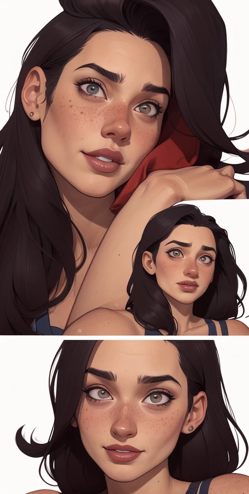 Character style illustration style Completely bare breasts showing a little fear Breast size Cartoon name: Isabella Cruz white background medium breasts freckled face Jennifer Connelly actress strong contours Physical description - long straight hair, tingidos de um marrom vibrante que contrasta com sua pele clara. - You reflect a mix of curiosity and determination. - Ela tem uma estatura alta, with a slender and agile figure, evidenciando sua agilidade e destreza. -fundo colorido Design de personagens de retrato, beautiful digital illustration, retrato de alta qualidade, Arte em quadrinhos, Corpo inteiro sensualizando ou pelada. folha de retorno. return sheet clothes of the day hellish day expression of hatred and blood on the face