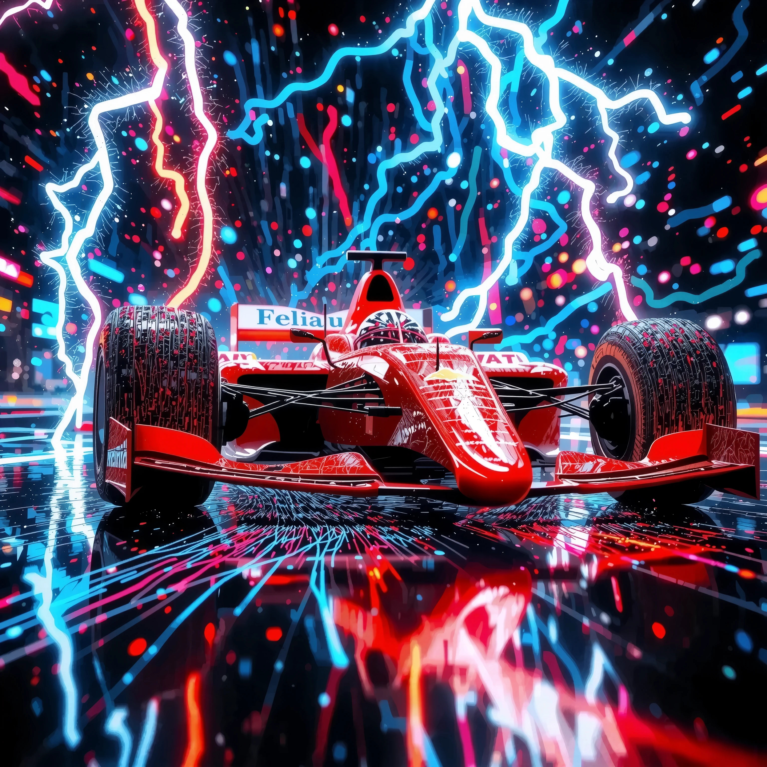 Formula 1、McLaren Honda mp4/4　+Marlboro Color、The Monaco Grand Prix during a thunderstorm with splashes of water、high quality、4K、real、photorealistic、Professional、extremely detailed for professionals、dramatic lighting、HDR、UHD、Delicate Oil Painting、 sharp focus 、physically-based drawing、vibrant colors、bokeh background、Intense Lightning
