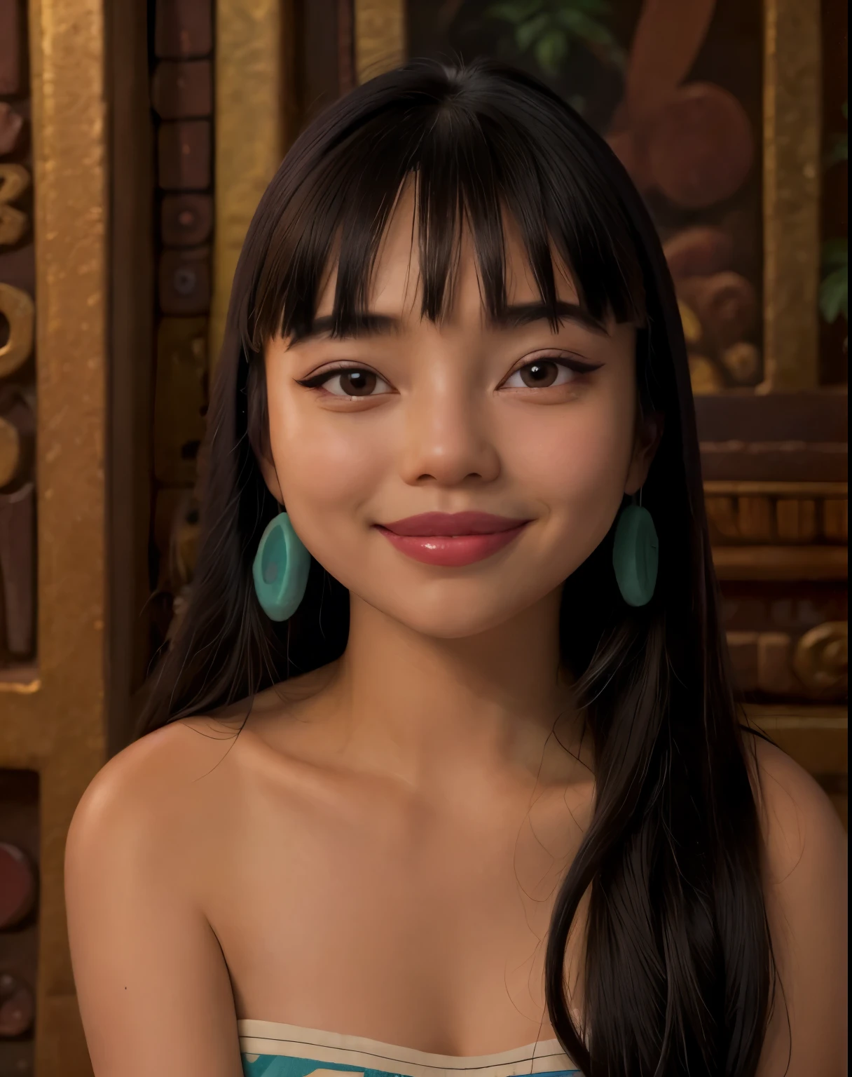 1 , Alone, Sensual, Chel, black hair, long hair, blunt bangs, brown eyes, dark skin, lipstick, portrait, smile