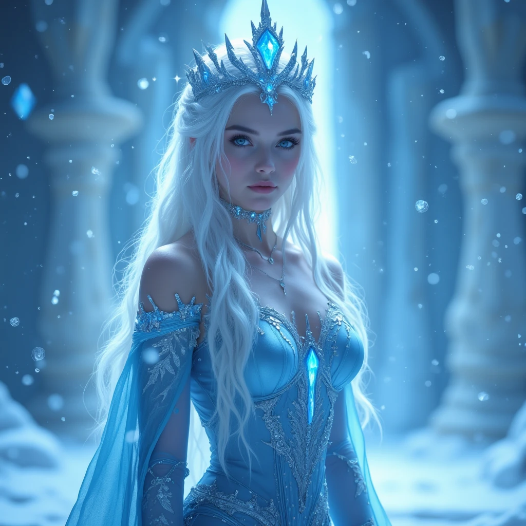 (best quality,4k,highres,masterpiece:1.2),ultra-detailed,realistic ,portrait,colorful,studio lighting,ice plate armor,blonde hair,blue eyes,beautiful detailed face,sparkling ice castle,icy landscape,glistening snow,queenly pose,winter magic, elegant dress, throne room, majestic atmosphere, magical powers, snowflake patterns, mystical aura, regal and graceful, enchanting beauty, frosty breath, icy blue color palette, halo of light