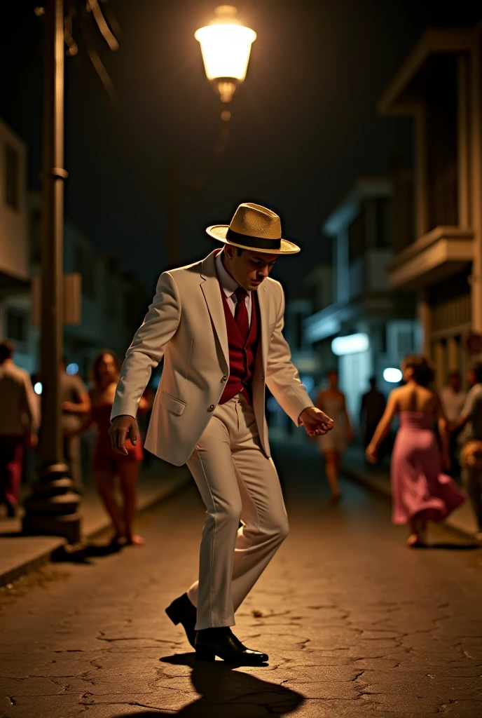 Several men in white suits and hats are doing a trick, capoeira, Cena de luta coreografada, Cuba, salvador, action scene from the film, briga de rua, Directed by: Fernando Gerassi, ator, Directed by: Luis Molinari, cena de luta, Directed by: Matteo Pérez, artista desconhecido, taken in the night, Directed by: Felipe Seade, In Sao Paulo, foto ainda