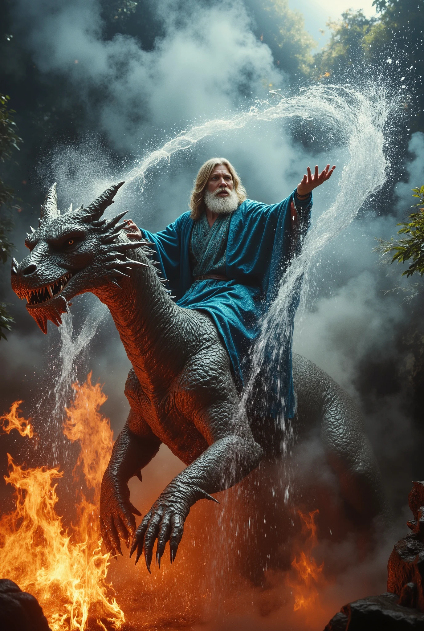 a water wizard blasting water from his hands at wildfires in the amazon as he rides a fire breathing dragon, vivid colors, epic, heroic