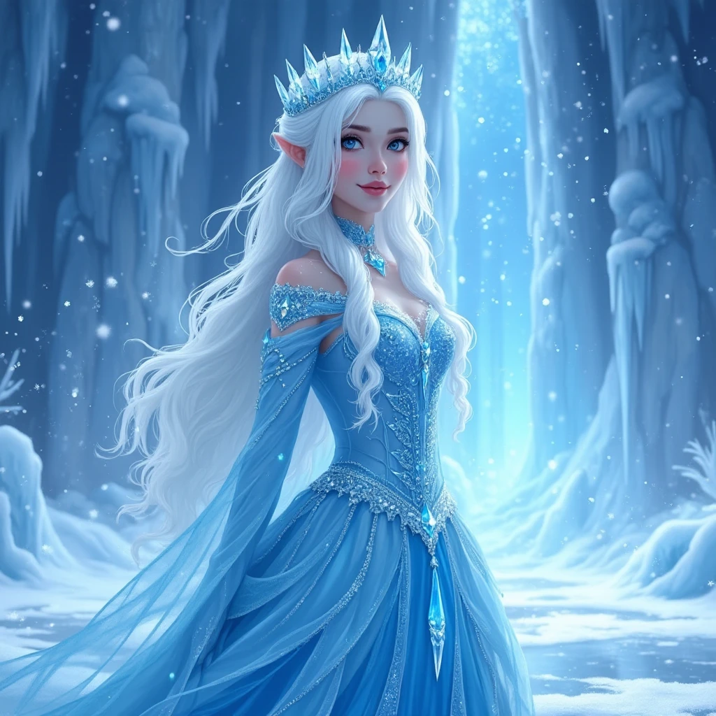 (best quality,4k,8k,highres,masterpiece:1.2),ultra-detailed,(realistic,photorealistic,photo-realistic:1.37),ice rime witch style,icy blue,sparkling snowflakes,frozen landscape,gown made of ice shards,mystical aura,magical ice crystals reflecting light,sharp and piercing gaze,frost-covered eyelashes,elegant and ethereal figure,ice crown on the head,delicate frost patterns on the skin,cold breath visible,icy gusts of wind swirling around,glowing ice magic in the hands,frozen branches reaching out,long silver hair shimmering like ice,eerie and haunting atmosphere,dark and mysterious forest background,moonlight casting an enchanting glow,aurora borealis dancing across the sky,alluring and powerful presence,subtle hints of ancient magic,unearthly beauty,glacial magic swirling around,crystal-clear ice palace,isolated and magical winter realm,frozen rivers and lakes,icy crystals forming intricate patterns,hooded cape flowing in the wind,elegant and graceful movements,icy spikes forming a protective barrier,snow-covered footsteps leading to the unknown,deep blue eyes shining with wisdom and power,chilling yet mesmerizing persona.