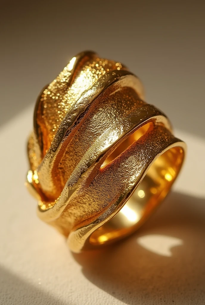 Pointillism gold plated silver ring, This ring has a dotted weave, It is not perfectly circular and has two silhouettes coming off the top that are not attached to the top part. , ring on hand