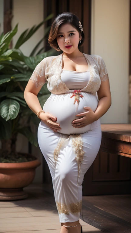 (REALISTIC) (elegant milf) (Big Mature : 3 Curvy body) ((goddess face)) ,(((white kebaya))), ((huge pregnant)), huge breasts,(trasnparent),short hair,,milf