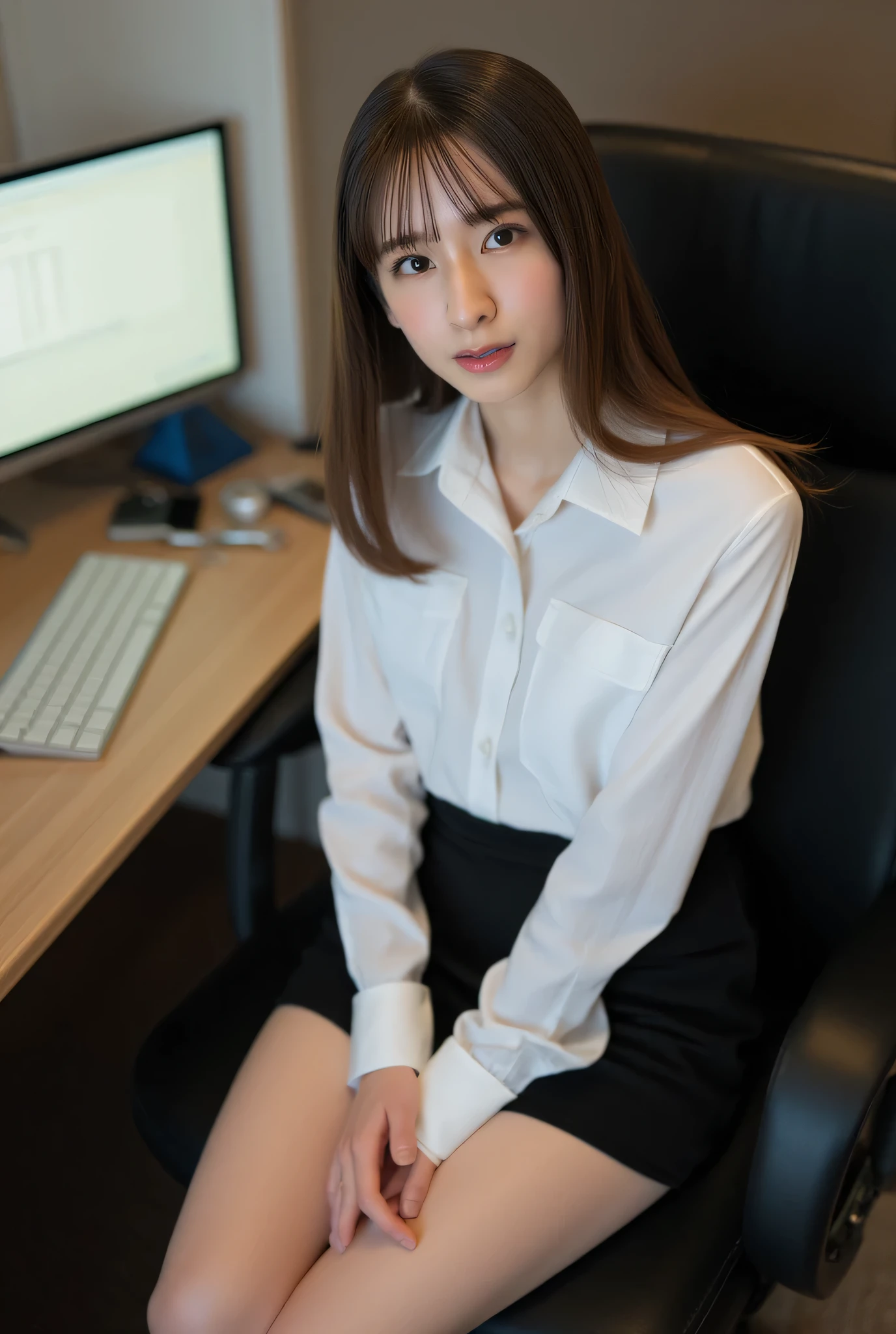 Japanese woman、slender figure、beautiful skin、full body、top quality、beautiful and exquisite face、 skin texture、night office、machine、sit on a chair、white shirt、black mini skirt、thighs、 team up、 looks straight into the camera、 satuki,
