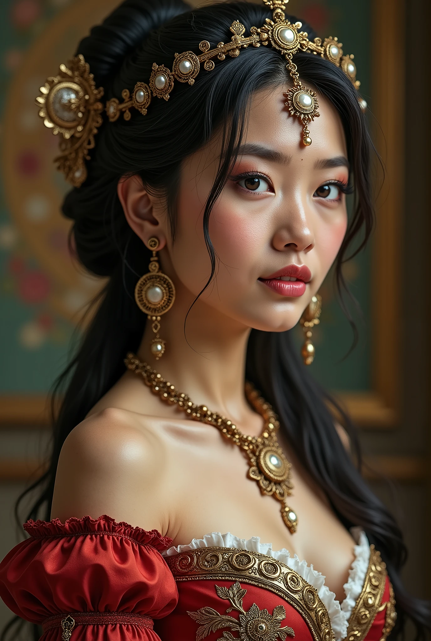 award-winning portrait of a beautiful Asian princess, country artist in a sexy steampunk costume. She has an interesting , and is captured in metallic tones ., outfit that embodies the essence of maximalism and surrealism, fantastic , cutting, and a royal, with