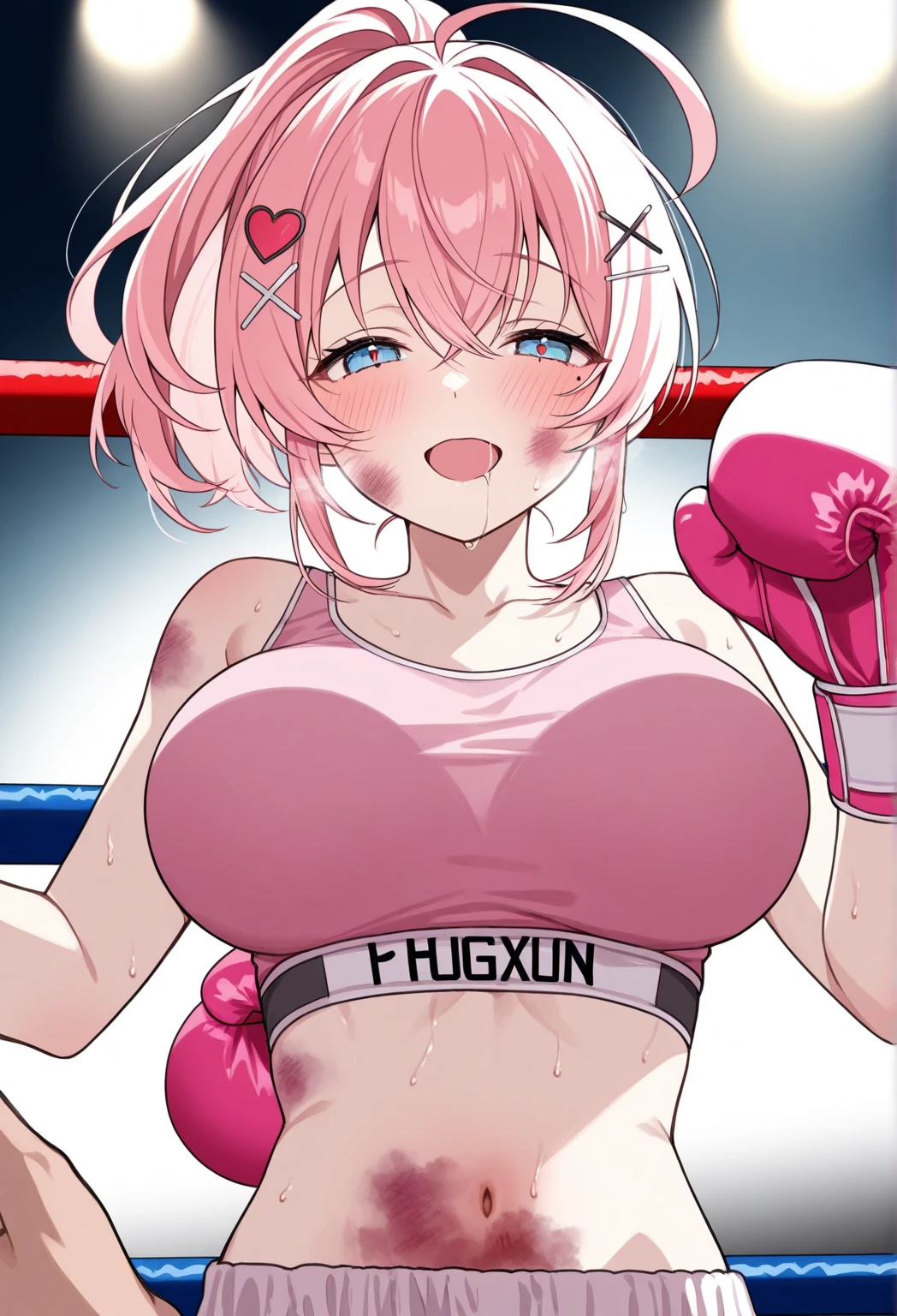 high quality,kasane teto, boxing girl, topless, large breast, nipples, (((magenta boxing gloves))), black boots,twindrill, Magenta hair, serious expression, (((Punching))), Outstretched arms, boxing pose, boxing ring