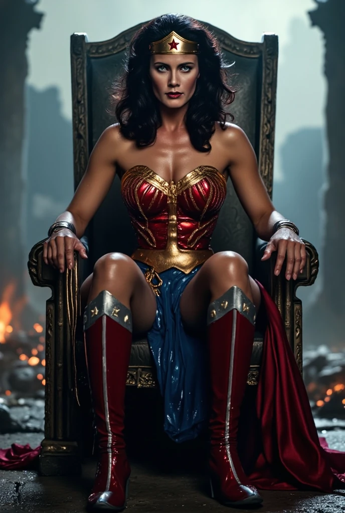 realistic photograph ((beautiful brunette with thick black hair sitting on large gothic chair)) ((she is facing the viewer,1.6)) ((she is facing the Camra viewer,1.6)) ((her arms are behind her back1.5)), and her legs are spread apart , she is wearing white skimpy transparent bra and panties, wearing a wonder woman style "tiara", (( her front torso and crutch are clearly visible )) very dark castle dungeon atmosphere horror Theam,