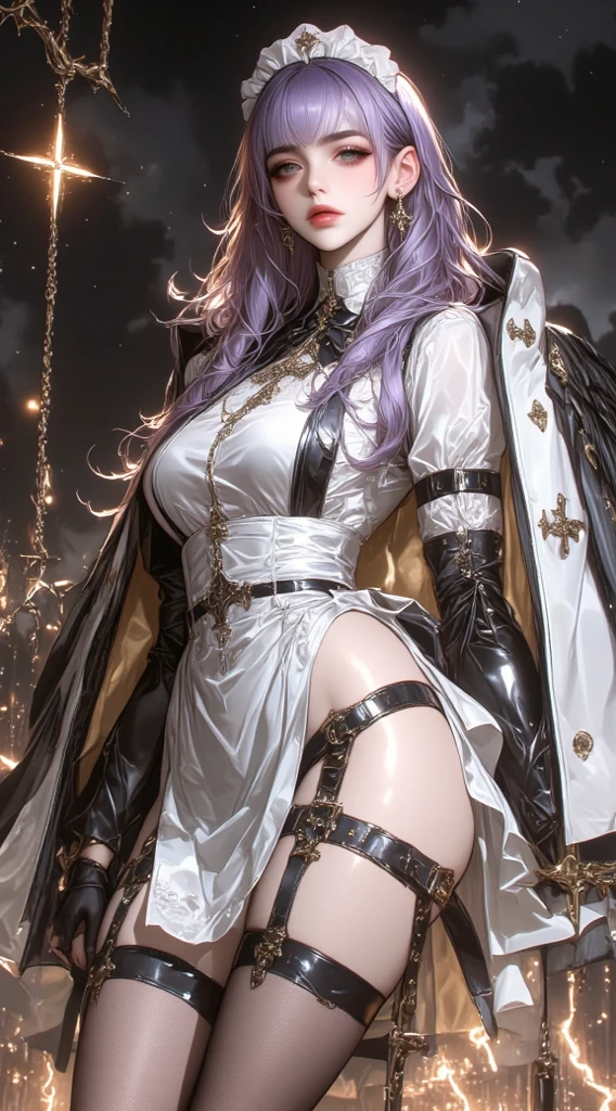 kafka，purple hair，full bodyesbian，purple eyes，big tits，cleavage，little breast, space background