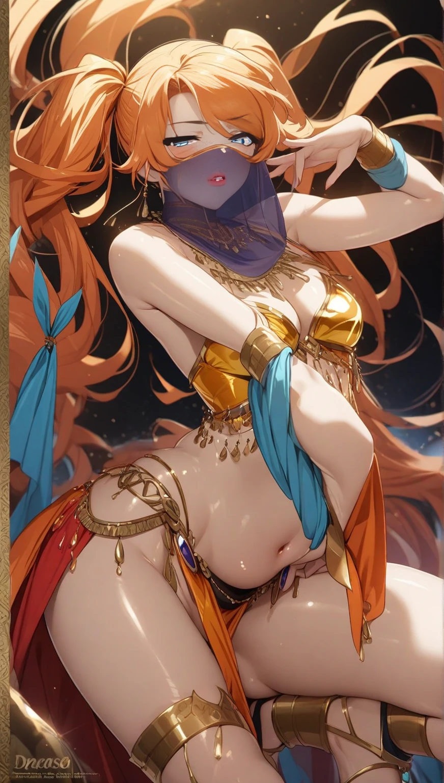 1girl, feminine and girly, trap, twink, thong, background, blush, see-through belly dancer outfit, big butt, belly dancer, innocent and cute girl, the girl is about , butt, dancing, arabic harem, see-through silk, gold jewelry, (see-through silk clothes), arabic harem interior, long hair, ass sway, motion lines, see-through top, cameltoe, arabic harem interior, view from behind, pert ass, big ass,