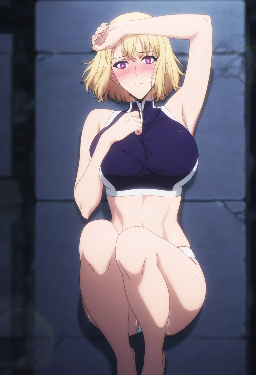 NSFW,(One girl:1.5),Charlotte Dunois、Long Hair、Blonde Hair、ribbon、(Purple Eyes:1.1)、ponytail、ヘアribbon、,(Knee socks、Shoulder Bare、jewelry、黒Knee socks、necklace、leotard、Belly button exposed、turtleneck、Halter neck、pendant、Pilot Suit,(Perfect hands),(Perfect Anatomy),(masterpiece),(highest quality),(Surprised face:1.5),Embarrassed,blush,locker room,locker