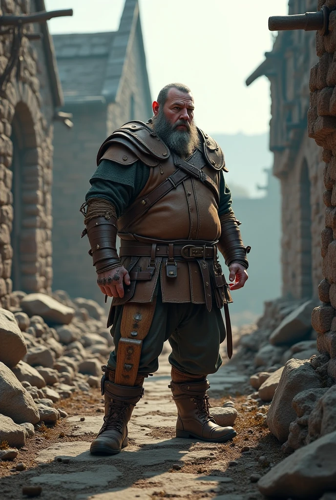 An old man bent, wearing ancient bonus equipment, very naughty, the background is very damaged battlefield, very wide and delicate. The armor is heavy, very sick, the armor is badly damaged, (the gear is loose, the dress is a little baggy)