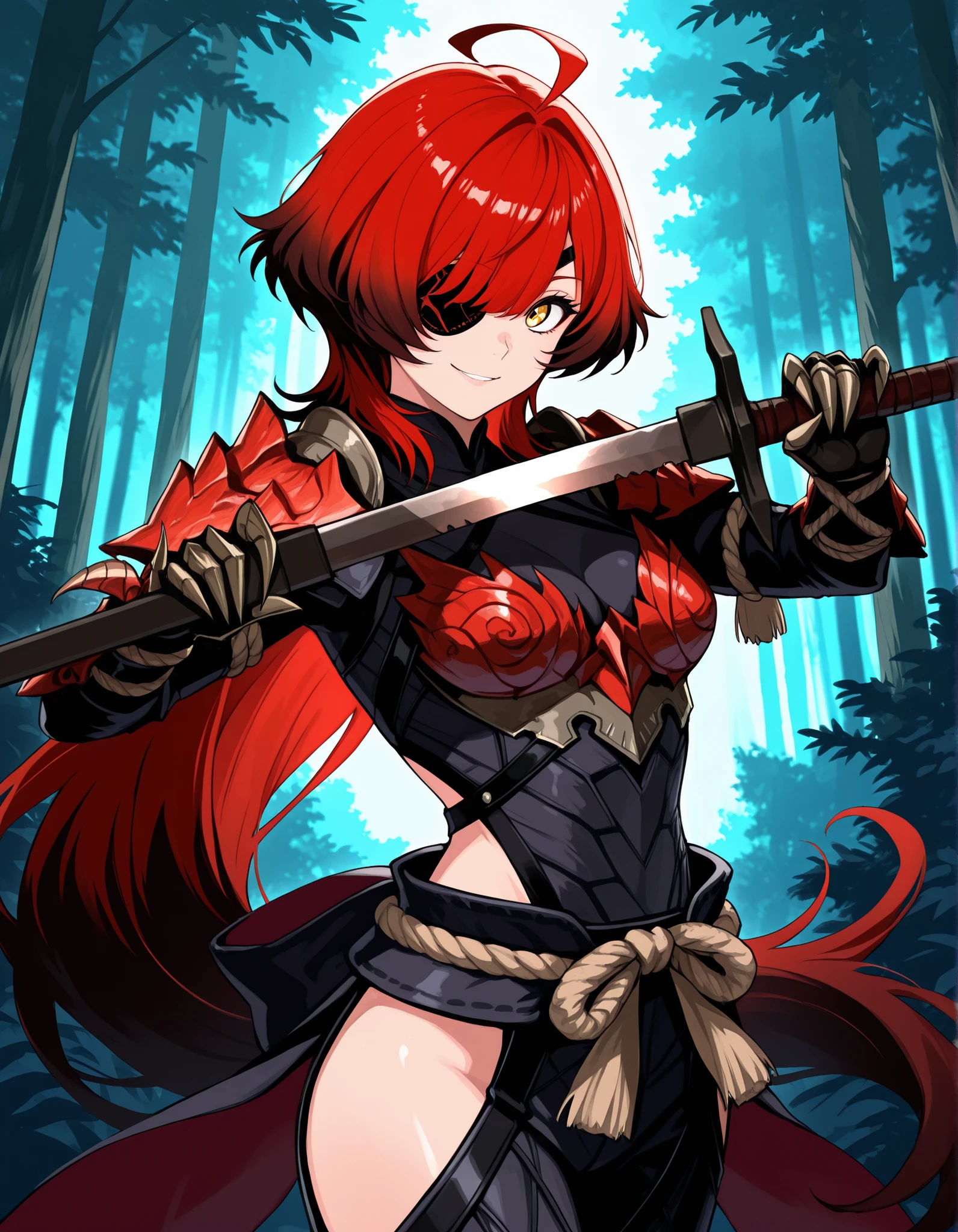 score_9, score_8_up, score_7_up, source_anime, 1girl, solo, young, big eyes, smile, ahoge, eyepatch, holding sword unsheathing, wolf cut, very long hair, red hair, gradient hair, multicolored hair, detailed eyes, Enchanting Eyes, yellow eyes, odograon armor, red gauntlets, black waist bow, one eye covered, medium breasts, cowboy shot, forest, outdoors, masterpiece, best quality, very aesthetic, absurdres