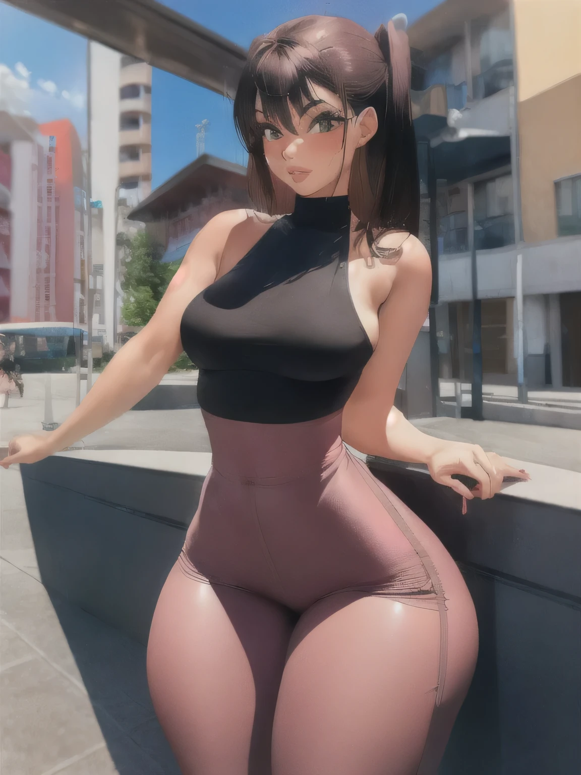 Naked Fat Sweaty Lustful Pervert girl giantess with short hair with fat thighs with a fat ass with fat tits with a beautiful open mouth and a beautiful protruding tongue presses into the anus of a small woman standing with her feet on crushed houses above the city, view from below